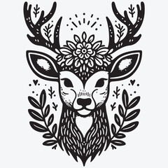 A Vector single clipart of a deer's face with a garland on its antlers in doodle style Vector