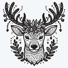 A Vector single clipart of a deer's face with a garland on its antlers in doodle style Vector