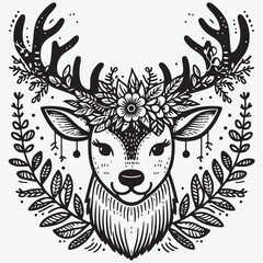 A Vector single clipart of a deer's face with a garland on its antlers in doodle style Vector
