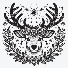 Obraz premium A Vector single clipart of a deer's face with a garland on its antlers in doodle style Vector