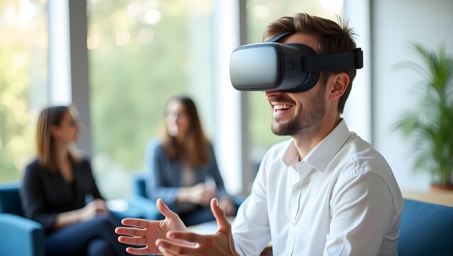 Photo of a man wearing a VR headset, sitting in a modern, well-lit office with large windows, smiling and gesturing with his hands