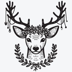 A Vector single clipart of a deer's face with a garland on its antlers in doodle style Vector