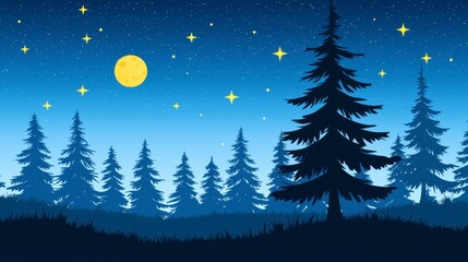Serene Night Forest Pixel Art Yellow Moon and Silhouetted Trees