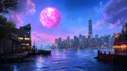 Obraz premium Surreal Nightscape with Pink Moon and City Lights