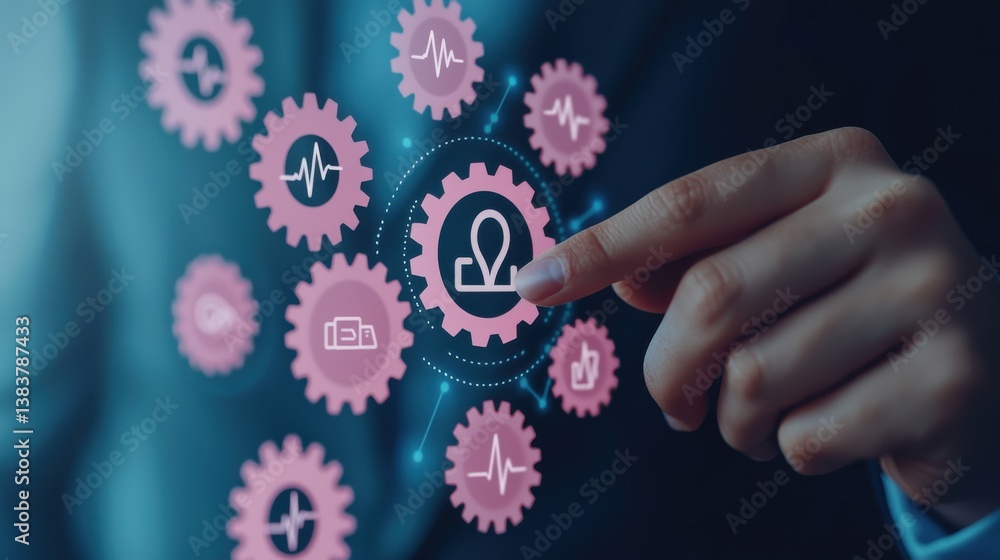 Poster a hand interacts with image gears displaying health and data icons, symbolizing technology and manag