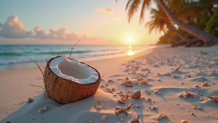 A coconut, soaked with water, washes ashore, its husk smoothed by the ocean's journey.