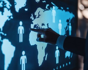A hand points to a digital map displaying people icons across a world map, highlighting global interactions and data visualization.