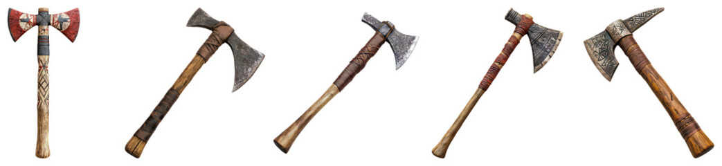 Collection of Vintage Axes with Wooden Handles and Distressed Blades, PNG bundle collection, Isolated on Transparent Background