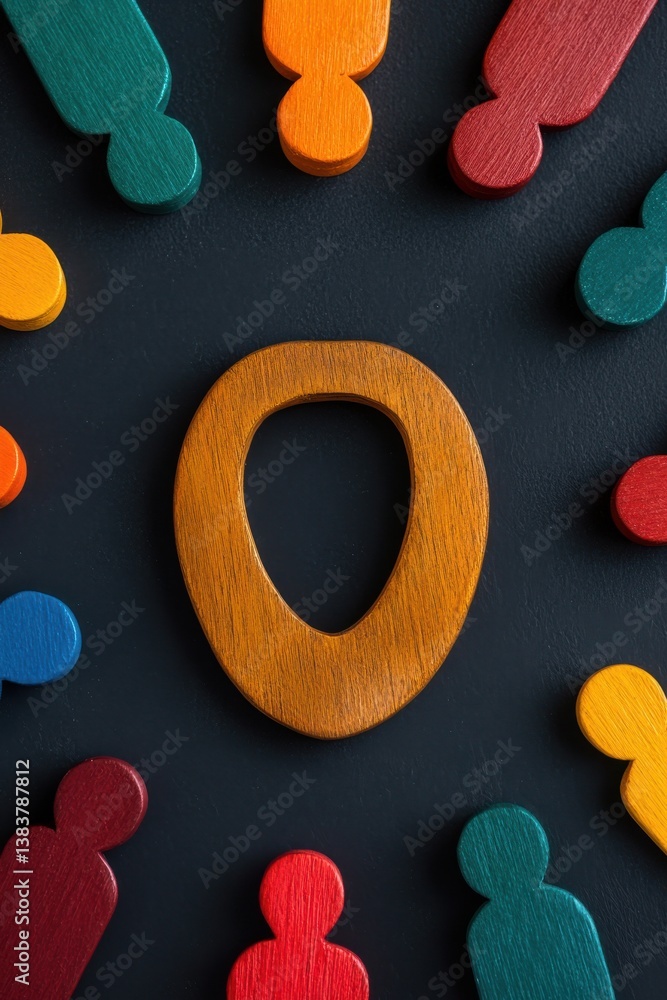 Poster a colorful arrangement of wooden figures surrounding an empty, oval shape, creating a visual contras