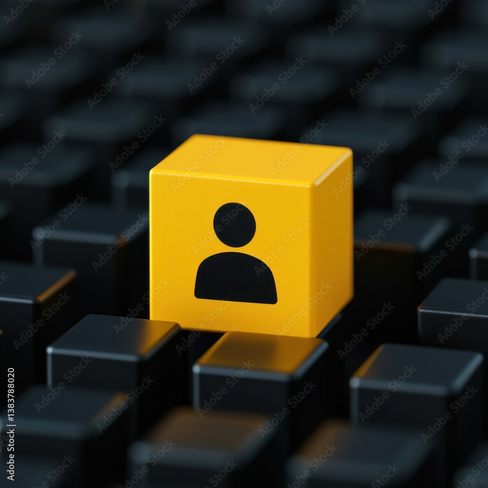 Poster a bright yellow block with a person icon stands out among dark keyboard keys, symbolizing individual