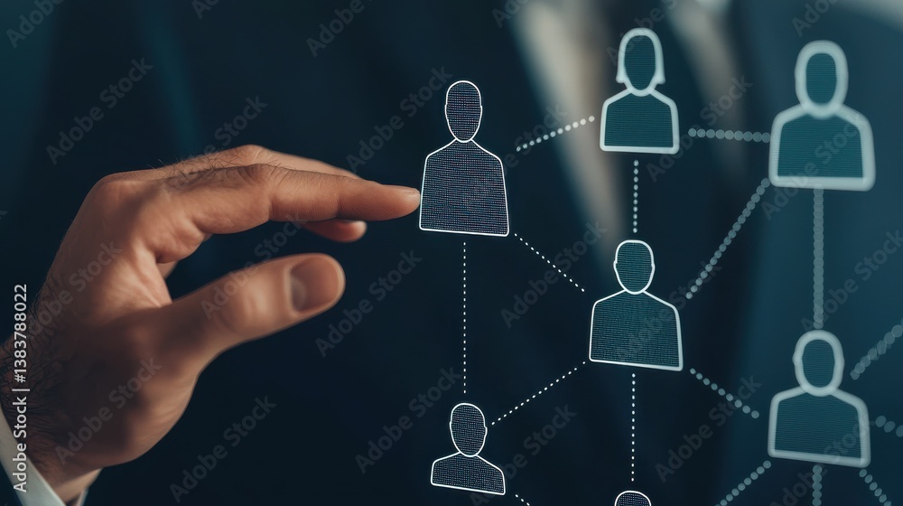 Poster a hand reaching towards digital representations of people, symbolizing connection and networking in 