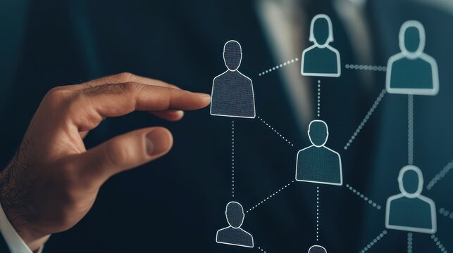 A hand reaching towards digital representations of people, symbolizing connection and networking in a professional context.