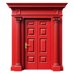 Elegant red double door with ornate details and classical architecture.