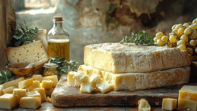 Gourmet cheese platter with grapes and olive oil : A still life composition showcasing an array of gourmet cheeses, complemented by fresh grapes, aromatic herbs, and a bottle of golden olive oil.