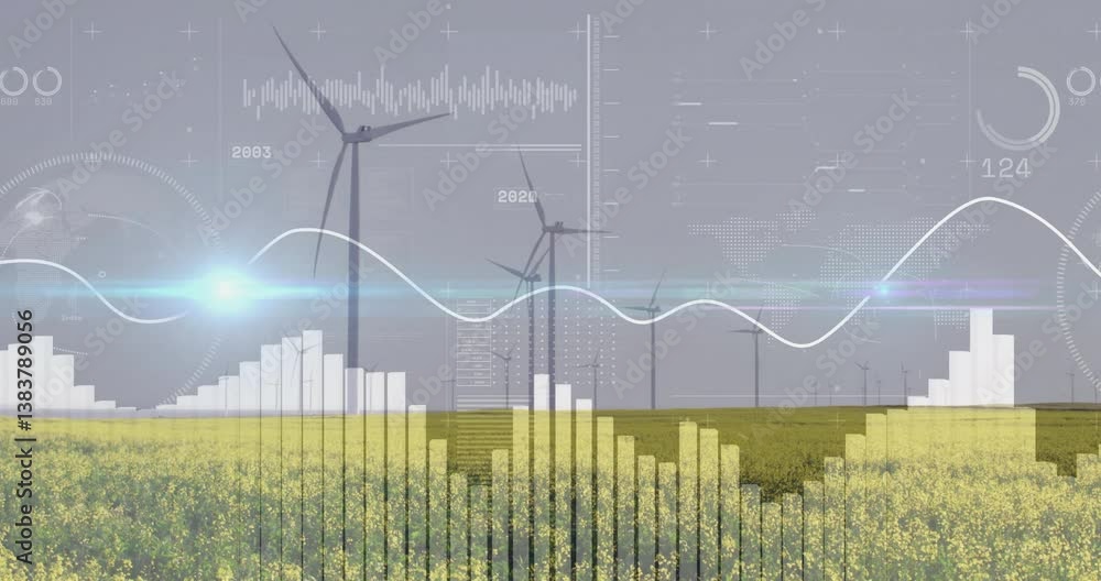 Poster wind turbines in field with data graphs and charts overlay animation