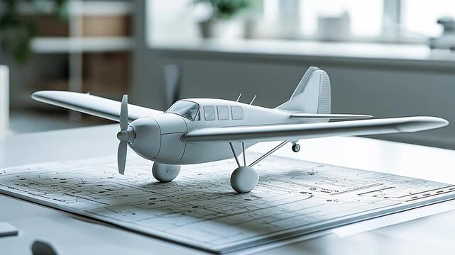 Vintage Airplane on Blueprint: A detailed miniature airplane model rests elegantly on a vintage blueprint, hinting at the wonders of aviation history. It evokes a sense of exploration and adventure.