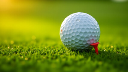 White golf ball shines on perfect green with morning dew and sunlight enhancing sports detail.