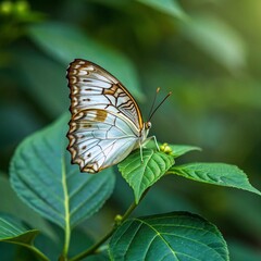 A stunning butterfly perched on a green leaf in a garden.