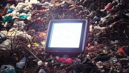 dispositivo eletrônico com tela em branco no meio do lixo