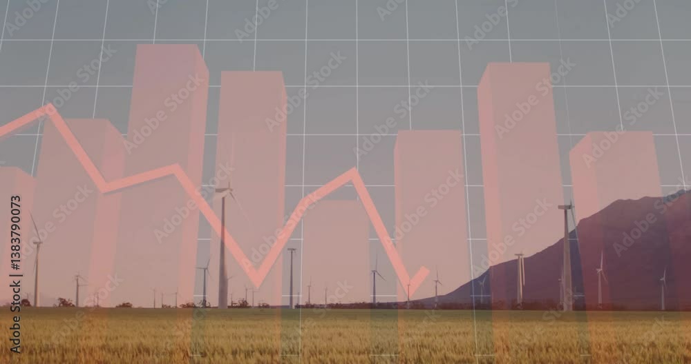 Poster wind turbines generating energy with animation of fluctuating graph in field