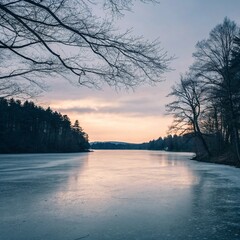 Frozen Lake at Sunset.