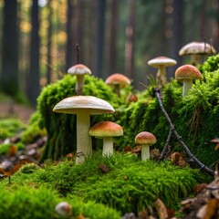 A cluster of mushrooms growing in a mossy forest.