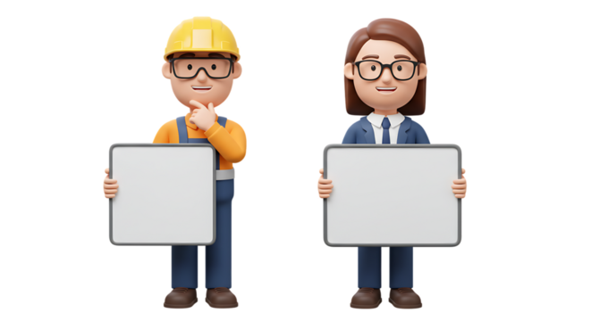Animated Worker & Professional Holding Blank Signs, 3D Rendered Isolated Figures on White.