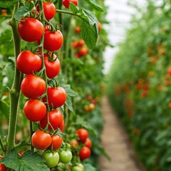 Tomatoes growing in a greenhouse.