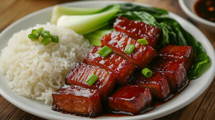 Glazed pork belly dish served with white rice and bok choy. Garnished with scallions, offering a delectable fusion of flavors and textures in a colorful and tasty meal.