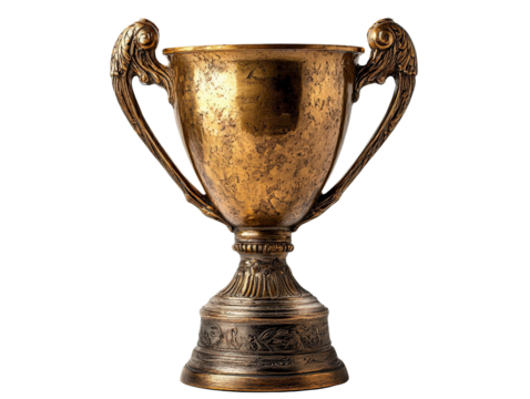 A large gold trophy with two handles and a decorative base, isolated on transparent background, PNG file.