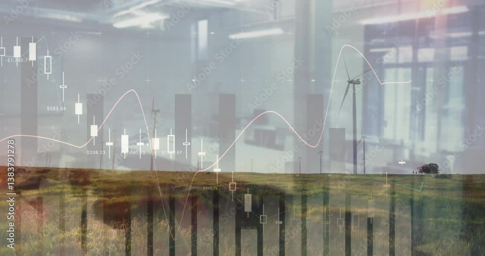 Poster financial data charts and graphs animation over landscape with wind turbines