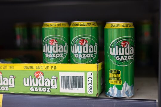 Uludag Gazoz Soft Drink Cans Display - FRANKFURT, GERMANY - MARCH 21, 2025