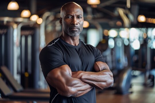 Portrait of a middle aged male African American fitness trainer in workout attire at the gym