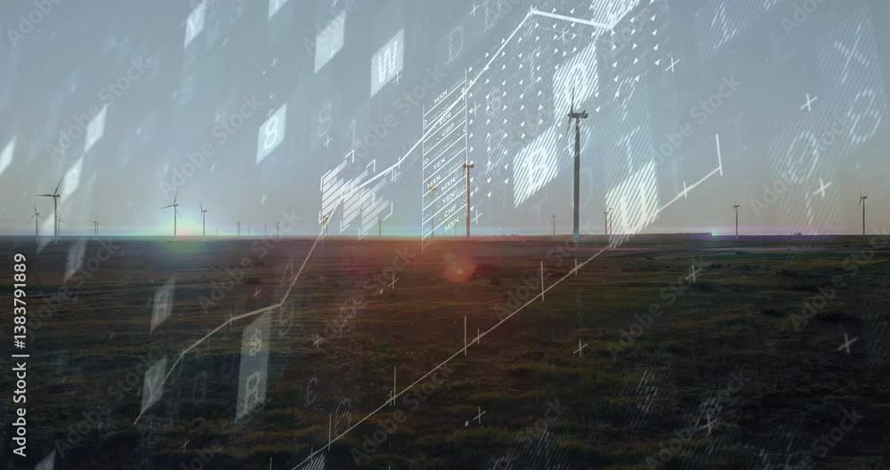 Poster wind turbines on landscape with data processing animation overlaying scene