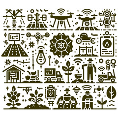 A vintage set of vector icons featuring trees, people, houses, and various seasonal symbols in a seamless pattern design