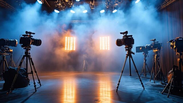 Film Studio: Capturing the essence of filmmaking, an empty studio stage is illuminated with theatrical lighting, setting the stage for cinematic storytelling and awaiting the crew.