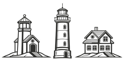 Vintage Lighthouse Illustration Set: Hand-Drawn Coastal Architecture, Nautical Home Decor, Maritime Art, and Seaside Landmark Designs