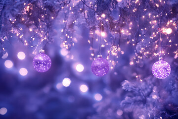 Fototapeta premium A magical Christmas tree scene with a shimmering purple glow and bokeh lights in a mystical winter wonderland setting for festive enchantment