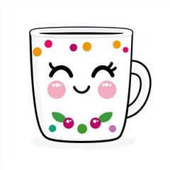 Happy White Mug Illustration with Colorful Dots and Cherries