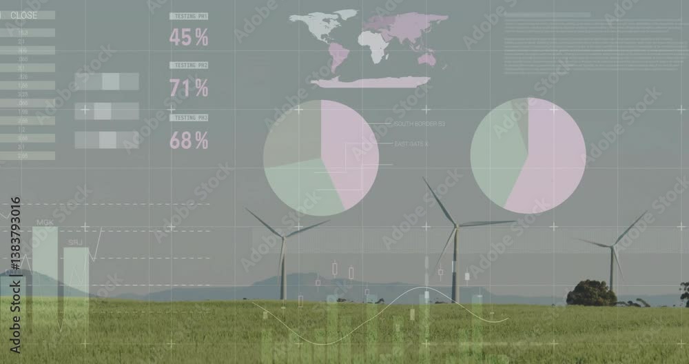 Poster in field, wind turbines with animation overlay displaying testing data percentages