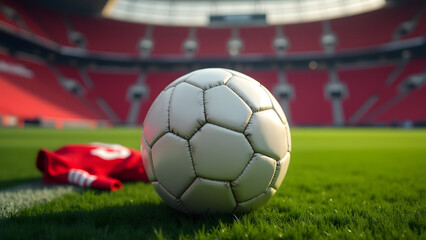 Fototapeta premium White soccer ball commands attention on field with stadium lighting enhancing sports contrast.