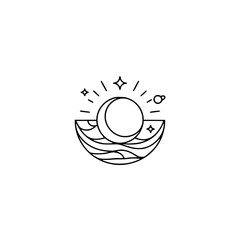 Minimalist Celestial Illustration: Moon, Stars, and Ocean Waves, Black Line Art