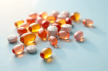 Assorted colorful pills and capsules scattered on a bright blue background. Concept of medicine, pharmacy, and healthcare
