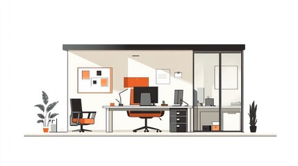 Modern office, glass walls, sunlight, desk, plants