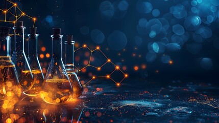 Flasks with Liquid and Glowing Molecule Structure for Science and Research