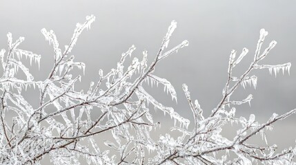 Ice storm with branches coated in ice and a gray sky above