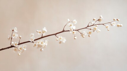 Delicate branch with small white blossoms against a beige background.