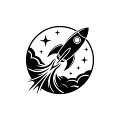 Retro Rocket Launch Logo: Black & White Space Exploration Badge