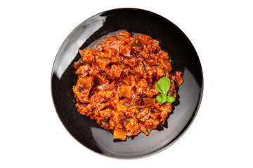 Eggplant stew vegetable dish salad tasty fresh gourmet food background on table rustic food top...