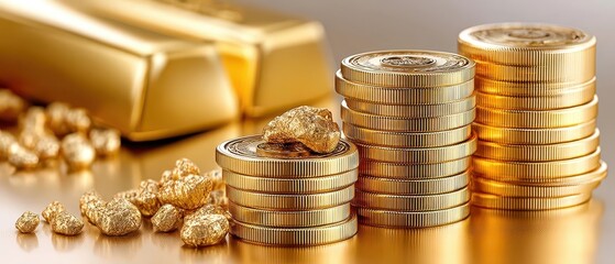 Gold Coins and Bars with Isolated Golden Nuggets on a Reflective Surface for Financial Literacy Advertisements